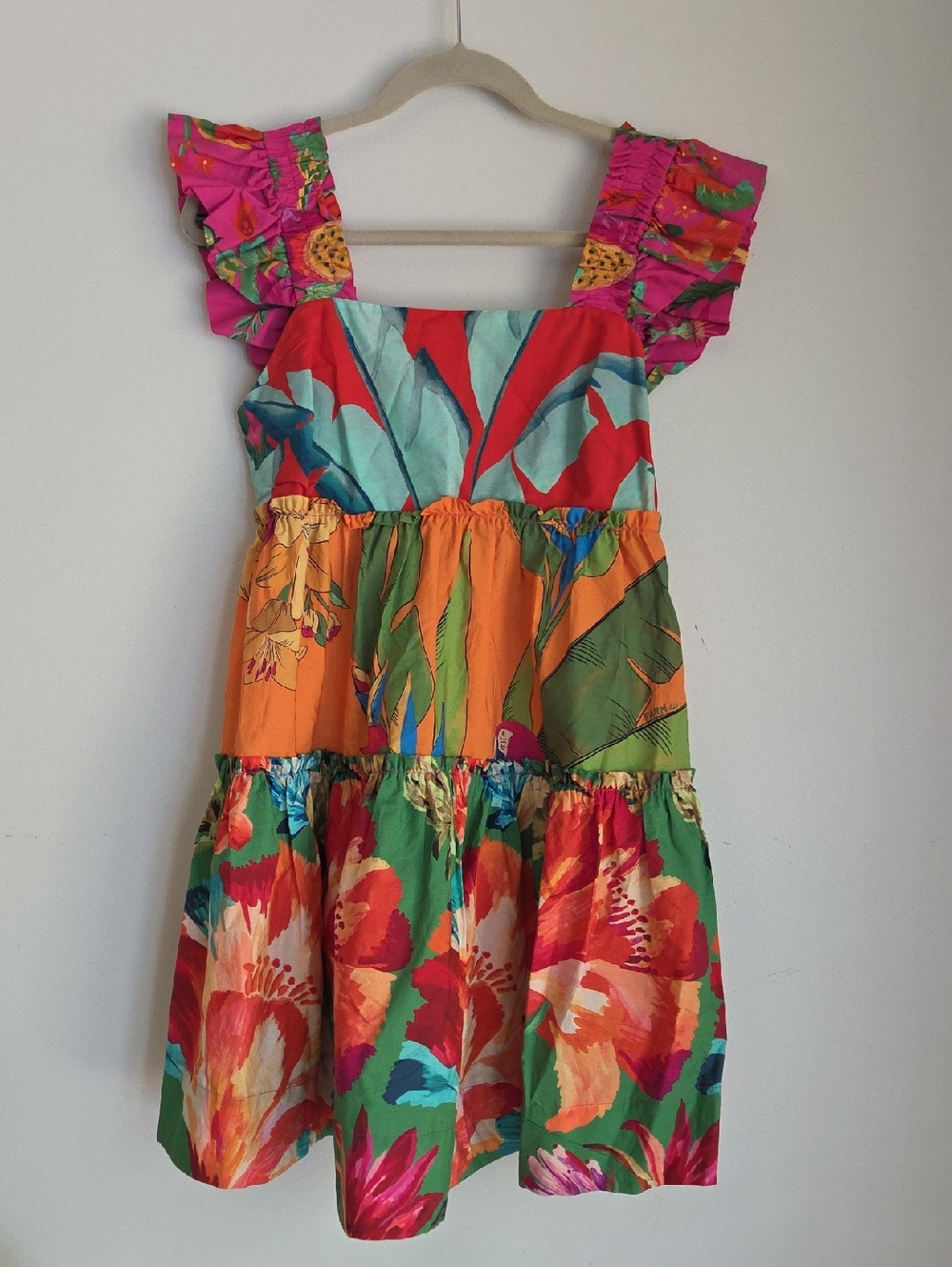 FARM Rio Bright Tropical Tiered Mini Dress in Pink, Orange, Green, Red, Blue